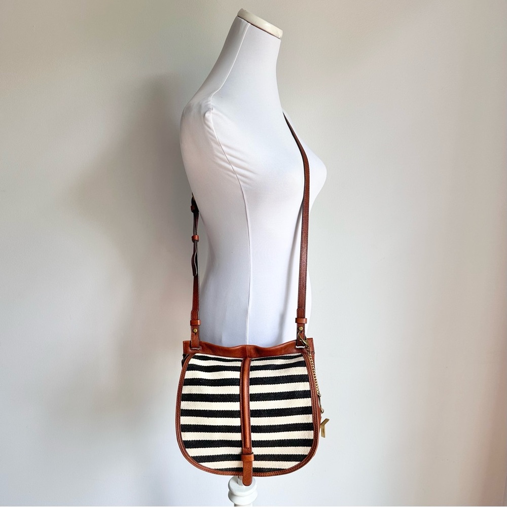 FOSSIL Brown Leather Striped Woven Canvas Flap Saddle Crossbody Bag